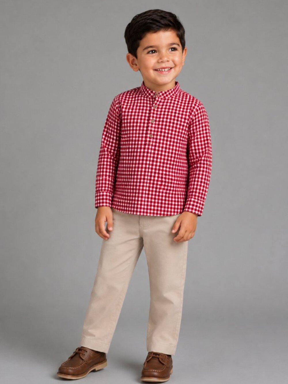 Edgehill Collection Boy's Check Mandarin Collar Long Sleeve Shirt & Pants Set